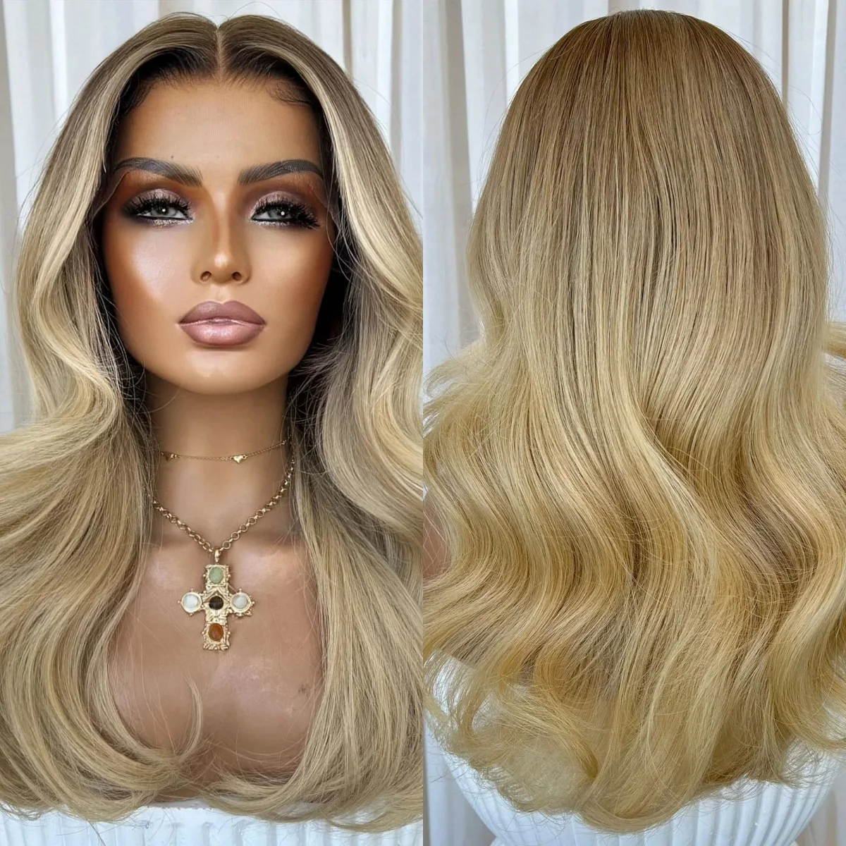 

Парик 180% Плотность 13x4 Ombre Золотистая Блондинка Роскошный Синтетический Парик Фронта Шнурка Вечерние Ежедневные Парики Для Косплея 16 Дюймов Плечо Объемная Волна