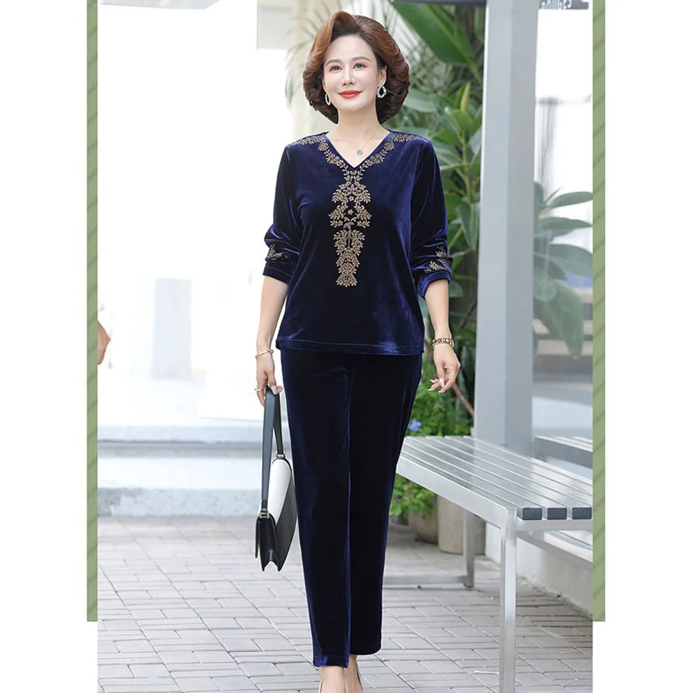 6XL 7XL Mom\'s Gold Velvet Sets Spring Autumn Large Size V-nevk  Hot Diamond Tops Pants 2 Piece Suit Elderly Women Velvet Outfit