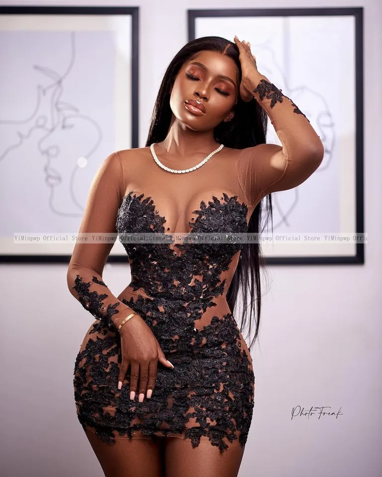 African Black Short Prom Dresses O Neck Long Sleeve Appliques Straight Illusion Sexy Birthday Dress For Baddies Customized - AliExpress 320 African Black Short Prom Dresses O Neck Long Sleeve Appliques Straight Illusion Sexy Birthday Dress For Baddies Customized - AliExpress 320