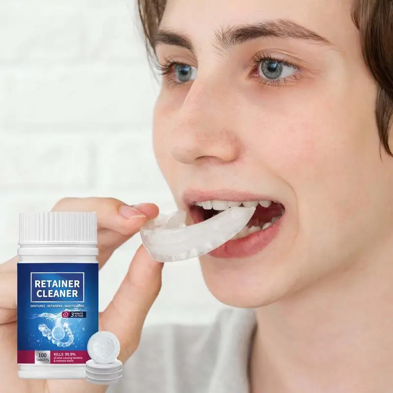 العناية بتنظيف الفم 100 علامة تبويب منظف الأسنان اللوحي التطهير اللوحي لتنظيف الأسنان الكاذبة للتنظيف التنفس المنعش