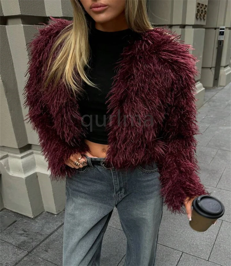 Abrigo de piel de zorro falso esponjoso para mujer, abrigo de lana mongol de imitación de manga larga holgado de lujo para invierno, abrigo exterior para mujer 2025