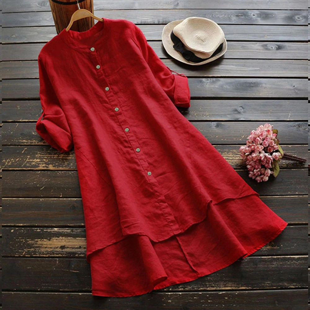 Women\'s Spring Solid Cotton Linen Shirt Dress Ladies Loose Dress Long Tops Blouse Plus Size Clothes Clothing 2024