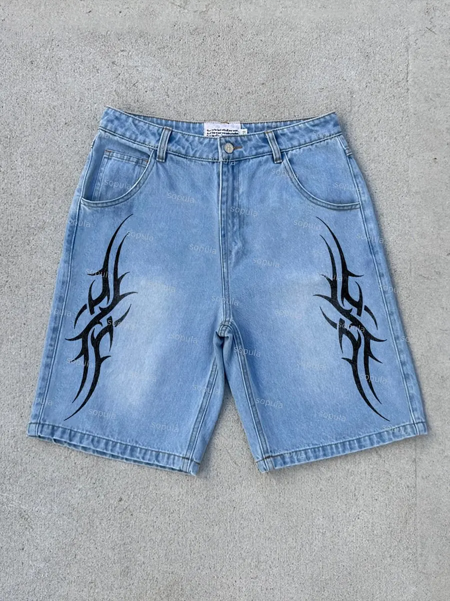 

American Minimalist Thorn Totem Graphic Denim Shorts Straight Tube Jeans Men Women Casual Fashion Totem Print Design Denim Short