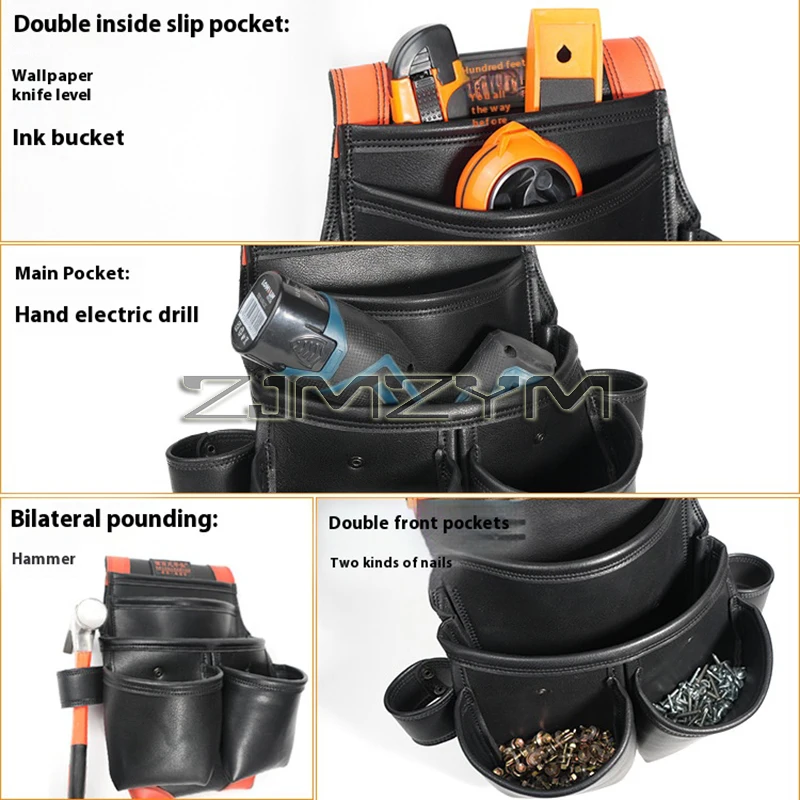 Pocket Tool Pouches Leather Tool Pouches Bag for Carpenter, Construction, Framers, Handyman | 5 Pockets, 2 Hammer Holders