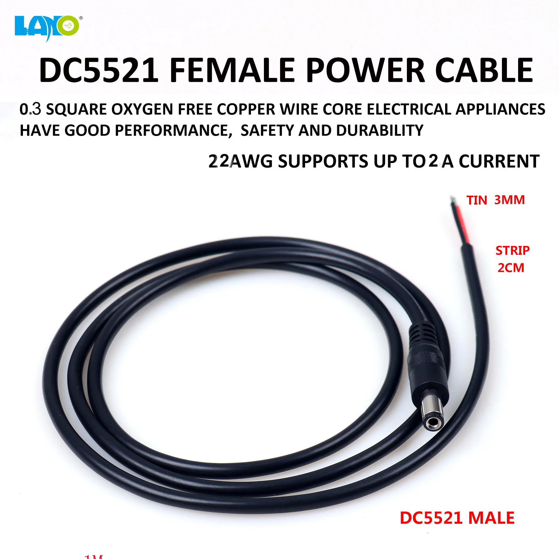 LANO Black DC5521 Male/female to Bare Wire Open End Power Cable 22AWG for Camera Power Supply outdoor gear LED Monitor | 1M 2M