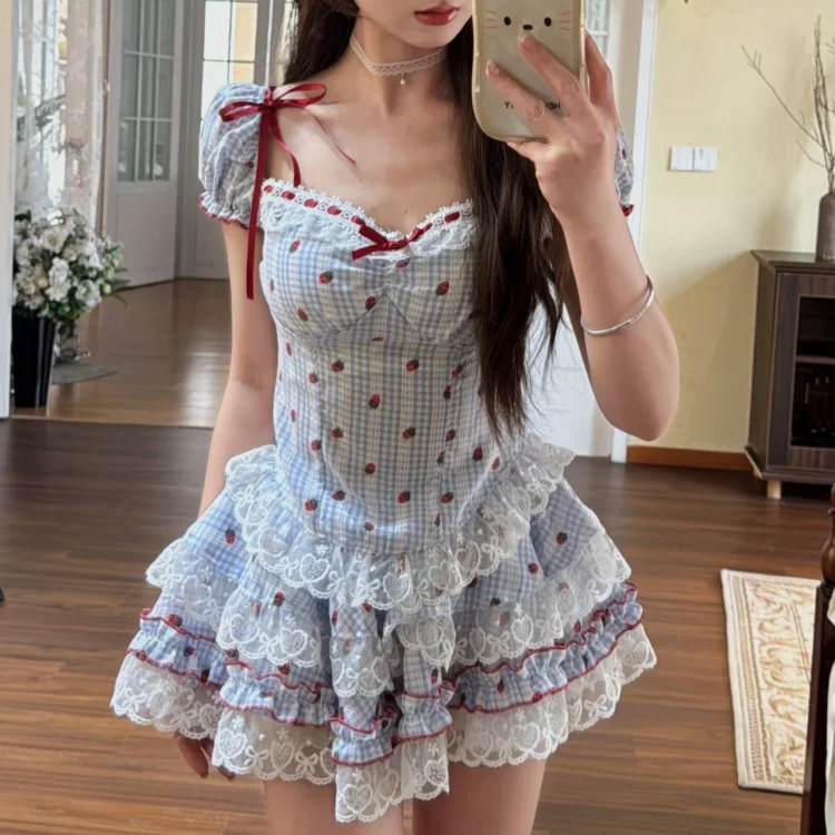 

Summer Women Two Piece Set Cute Plaid Lace Ruffle Bow Slim Fit Mini Skirt Suit Sweet Lolita Style Outfit Girls Party Wear 2025