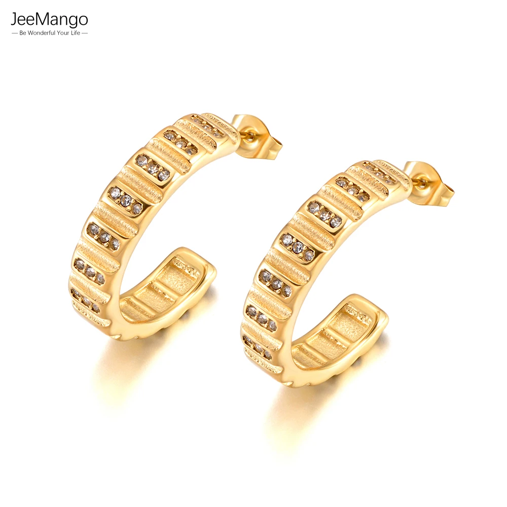 JeeMango Trendy geometrischer Creolen-Ohrring aus Edelstahl mit eingelegtem Zirkon, runder Ohrring, Schmuck, Party-Geschenk für Frauen, Großhandel E26065