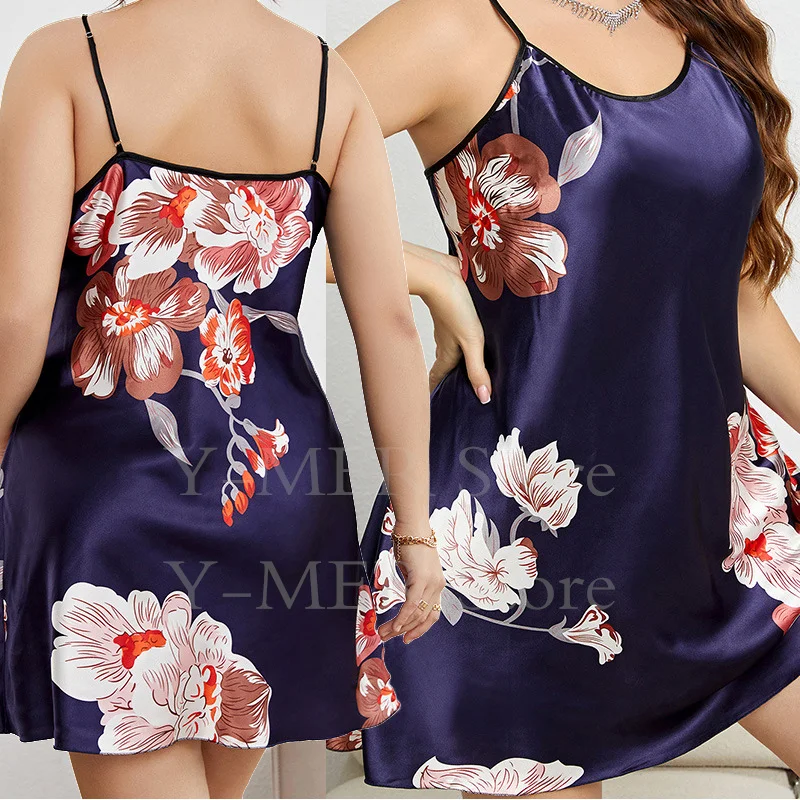 Blue Floral Print Nightgown Plus Size 3Xl 4Xl 5Xl Lingerie Lady Sexy Sling Nightdress Short Homedress Women Satin Sleepwear