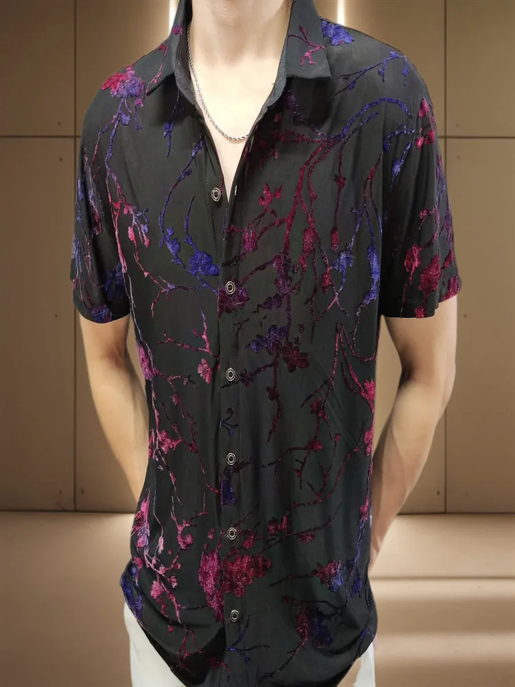 Sexy Transparent Shirt Men Flower Velvet Club Chemise Homme Summer Mannen Kleding Short Sleeve Stylish s For