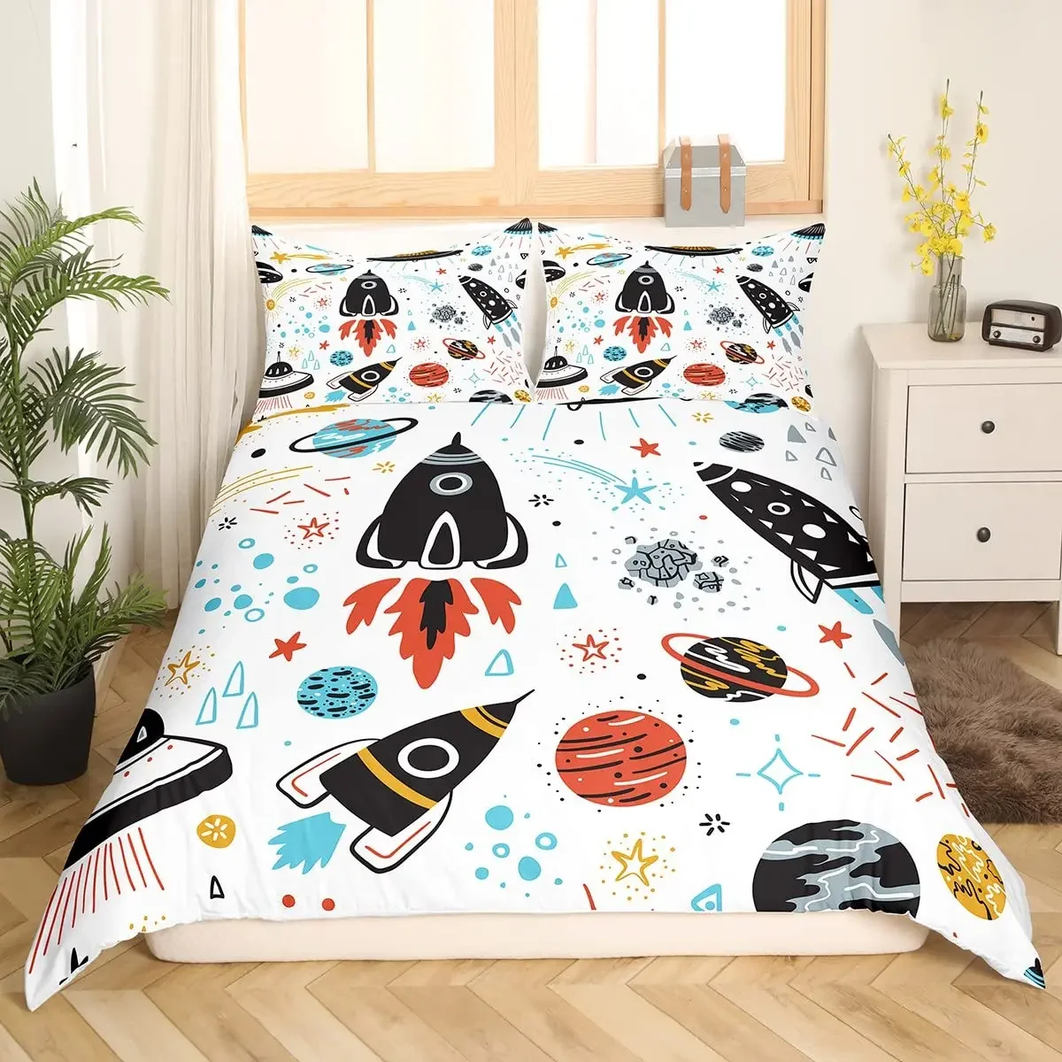 Space Rocket King Full Duvet Cover Galaxy Outer Space Bedding Set Cartoon Astronaut Planet Comforter Cover Polyester Quilt Cover