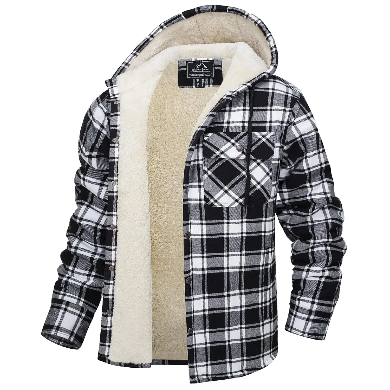 

Sherpa Lined Flannel Jacket Mens Heavyweight Hooded Fleece Jacket Thicken Warm Button Down Plaid Jacket Outwear Coats