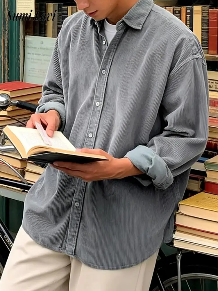 

Винтажные мужские однотонные вельветовые рубашки, топы, весна-осень, новые повседневные рубашки на пуговицах с лацканами, мужская модная рубашка с длинным рукавом 5XL