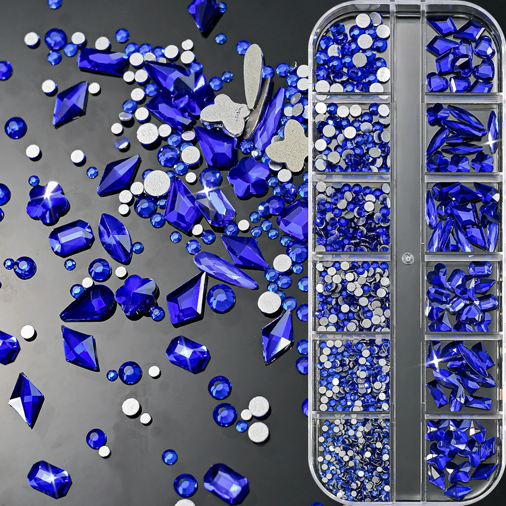 12 Grids Sapphire Blue Flat Nail Art Rhinestones Multi-Shaped Christmas Crystal Glass Gems Nail Charms DIY Manicure Decoration