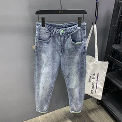 Heren Broek Losse Rechte Gewassen Nieuwe Mode Hoge Kwaliteit Lente Vier Seizoenen Blauwe Stretch Jeans Heren Broek