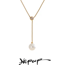 Yhpup Korean Style Stainless Steel Zirconia Chest Chain Drop Imitation Pearl Chic Fashion Necklace for Women Elegant Jewelry