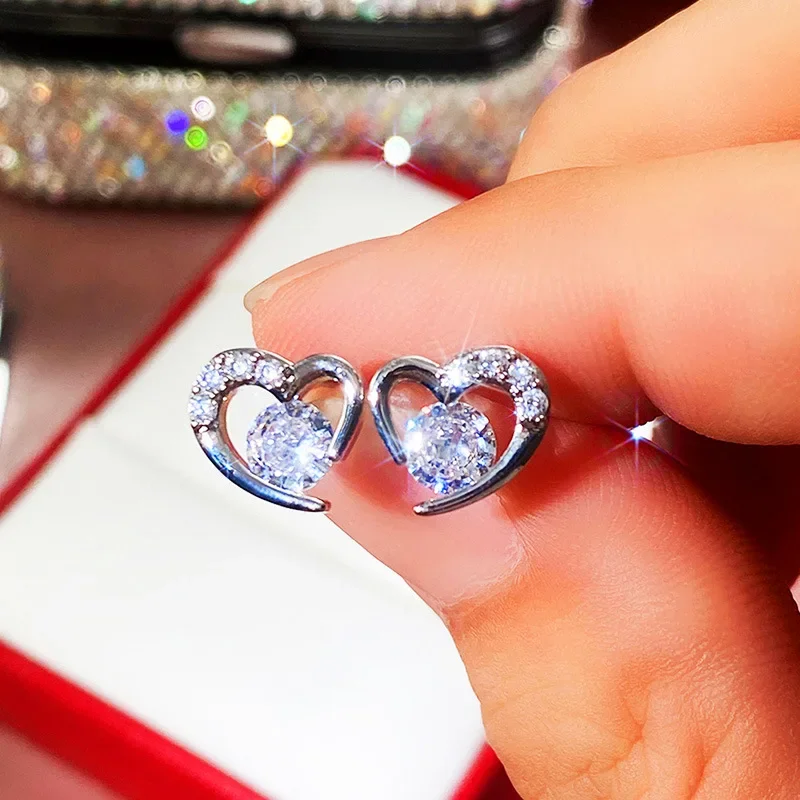 New Simple 925 Silver Needle Purple/white CZ Heart Romantic Stud Earrings For Student Children GirlS Anti-allergy Jewelry Gift
