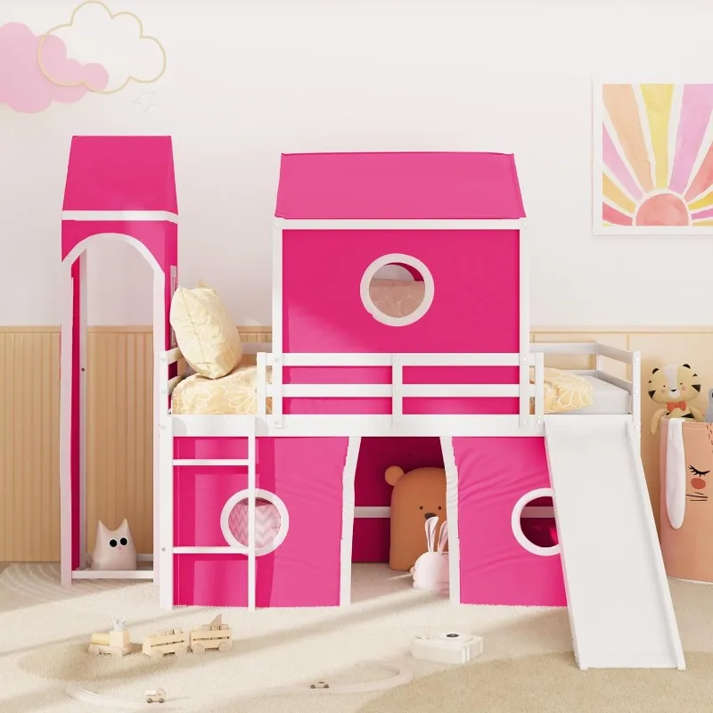 Letto a soppalco rosa per bambini, struttura in legno massello con scivolo, tenda e torre, include scala e guide di sicurezza, perfetto