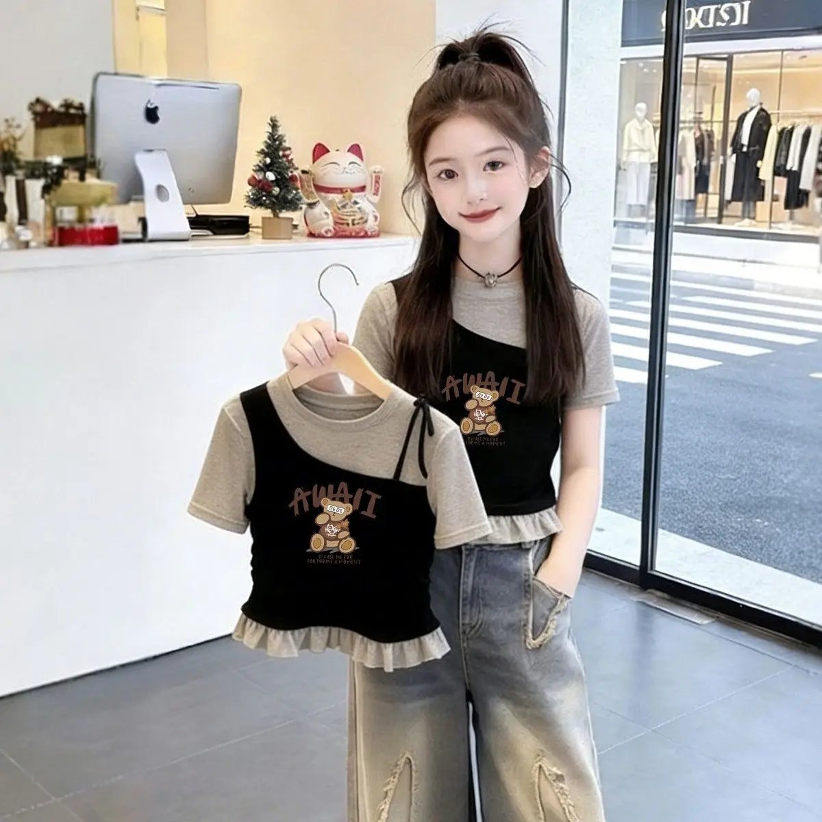 2026 NEW Summer New Girls Patchwork Letters Narrow Waist Teenager T-Shirt Bear Slim Thin Clothes Toddler 4 8 to 10 12 Year Korea