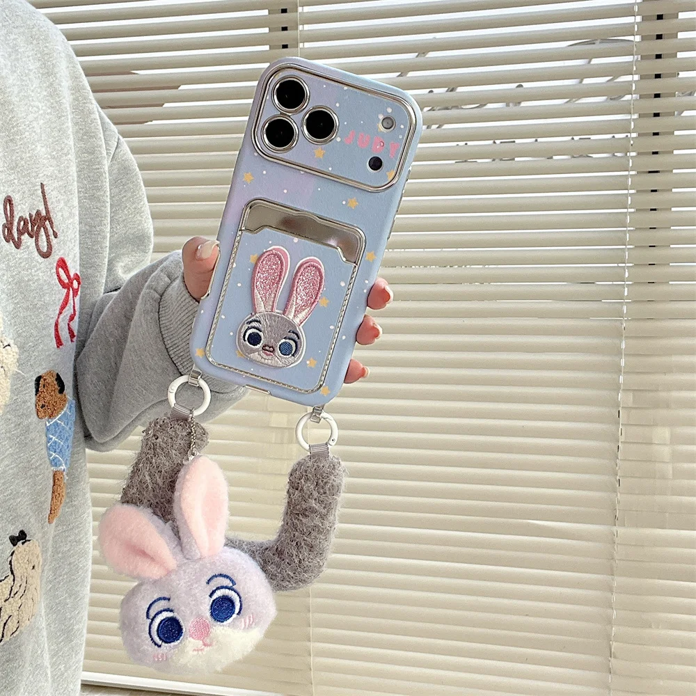 

Electroplated Cartoon With Card Holder Phone Case for iPhone 17 16 Pro 15 14 Pro Max Fundas With Plush Rabbit Pendant Kawaii Cas