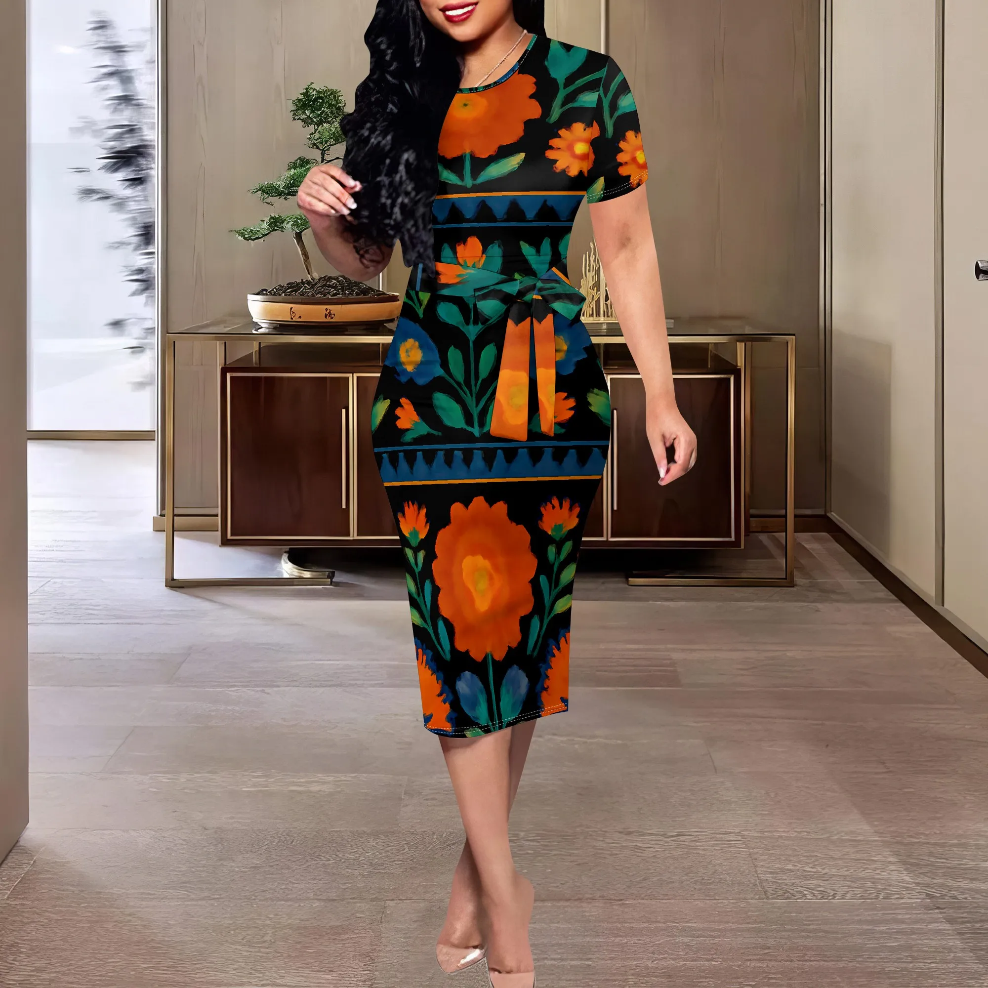 

Ethnic Folk Floral Bodycon Dress XS-3XL – Black Slim Midi with Vibrant Orange Flowers for Church, Culture or Fall Wear