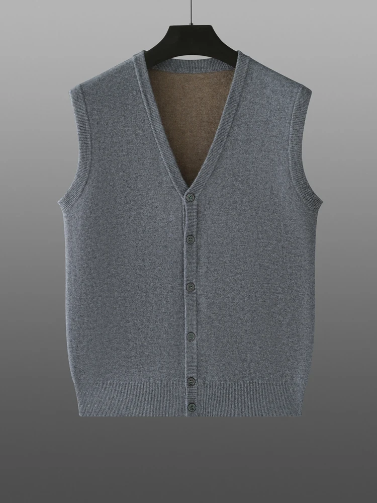 High-end Men\'s 100% Goat Cashmere Sweater V-Neck Sleeveless Cardigan Autumn Winter Thick Smart Casual Knitwear Soft Cosy Vest