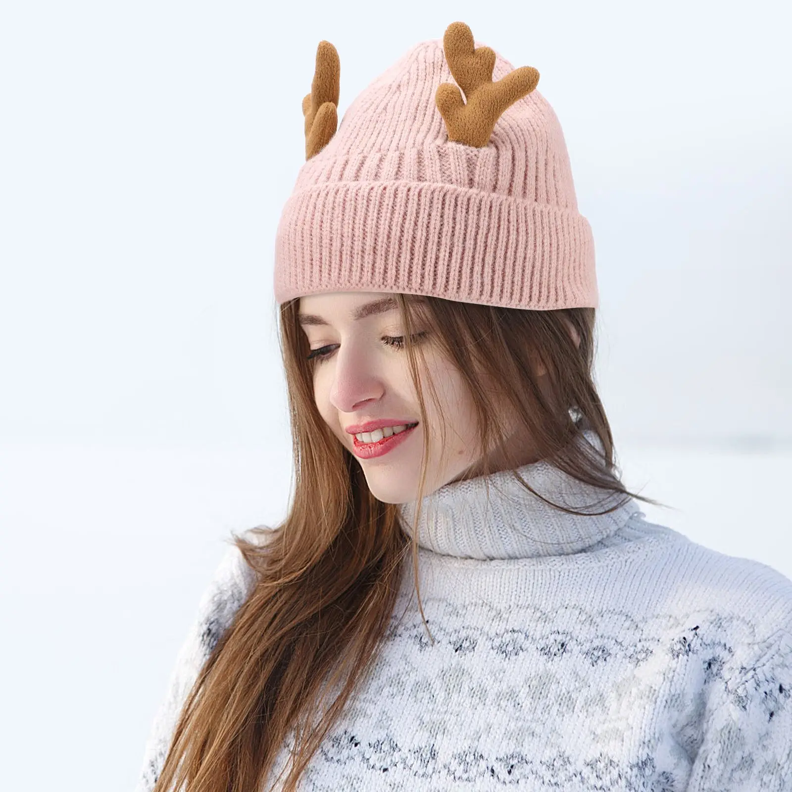 Cute Deer Elk Antler Hat Winter Warm Plush Knitted Ear Warmer Hat Bonnet Boy Girl Beanie Christmas Hat Head Circumference56-62CM