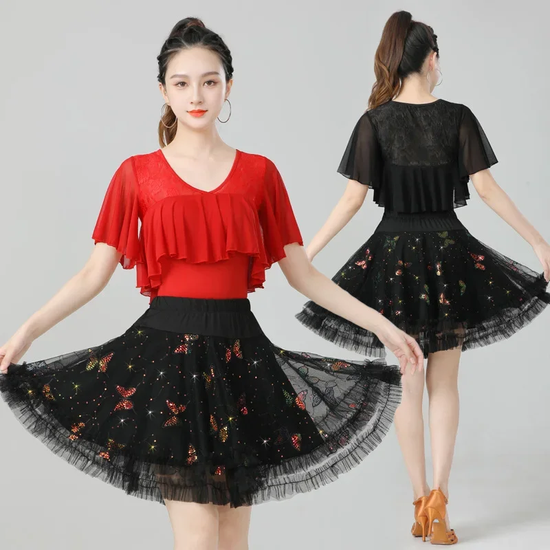 

New Latin Modern Dance Gitaba Performance Dress Set Three Step Step Mesh Butterfly Pong Skirt Half length Short Skirt