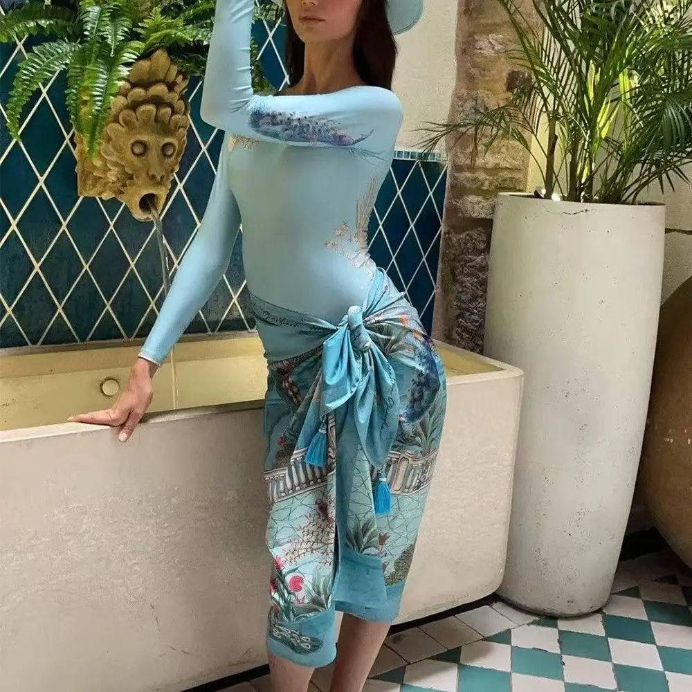2Pcs/Set Fashion Summer Women's Swimwear Sunscreen Long-Sleeved Bathing Suit Sports Vintage Beachwear Beach