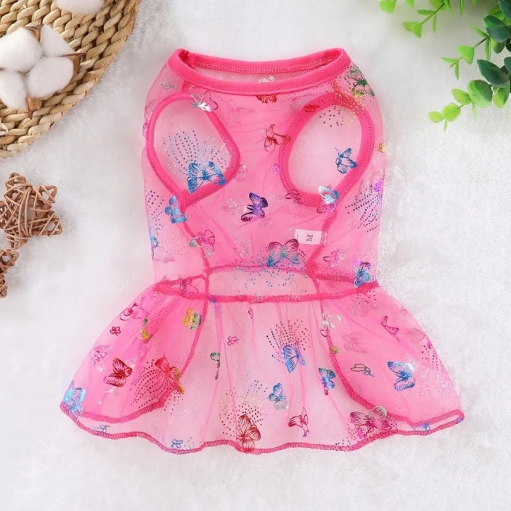 Cute Dog Butterfly Princess Dress Lace Trim Butterfly Print Summer Thin Dog Dress Breathable Dog Mesh Fluffy Skirt Daily Wear