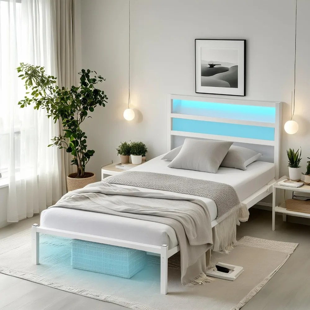 

Twin Bed Frame with Headboard,Heavy Duty Steel Slats Support-LED Bed Frame with USB Charging Station,Mattress Foundation