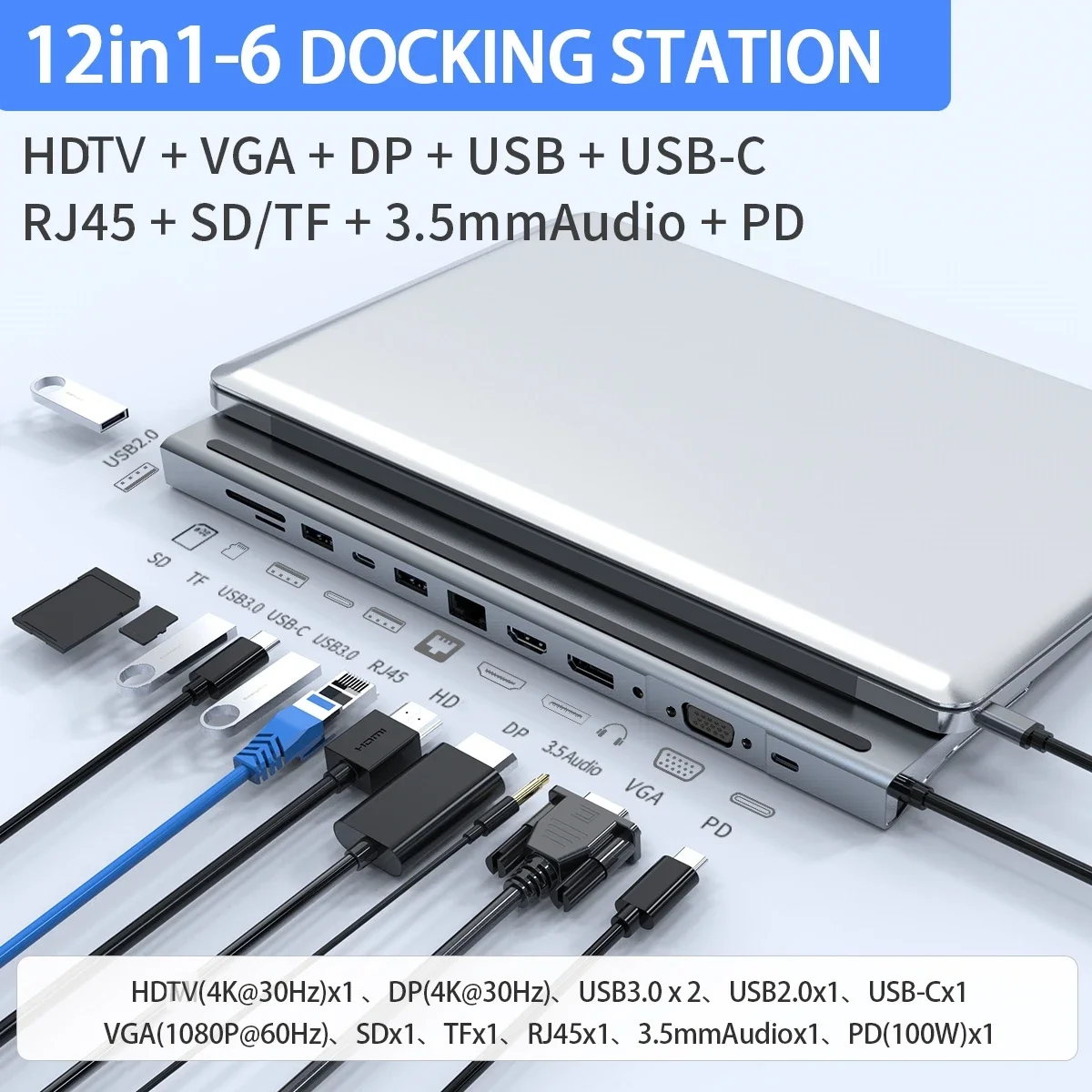 

Док-станция для ноутбука, 12 в 1, USB 100, SD, TF, RJ45, 2,0