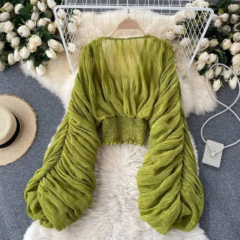 Chemisier court en mousseline de soie pour femmes, Sexy, transparent, manches Super longues, violet/vert/noir/blanc, plis, hauts de fête, nouvelle collection 2022