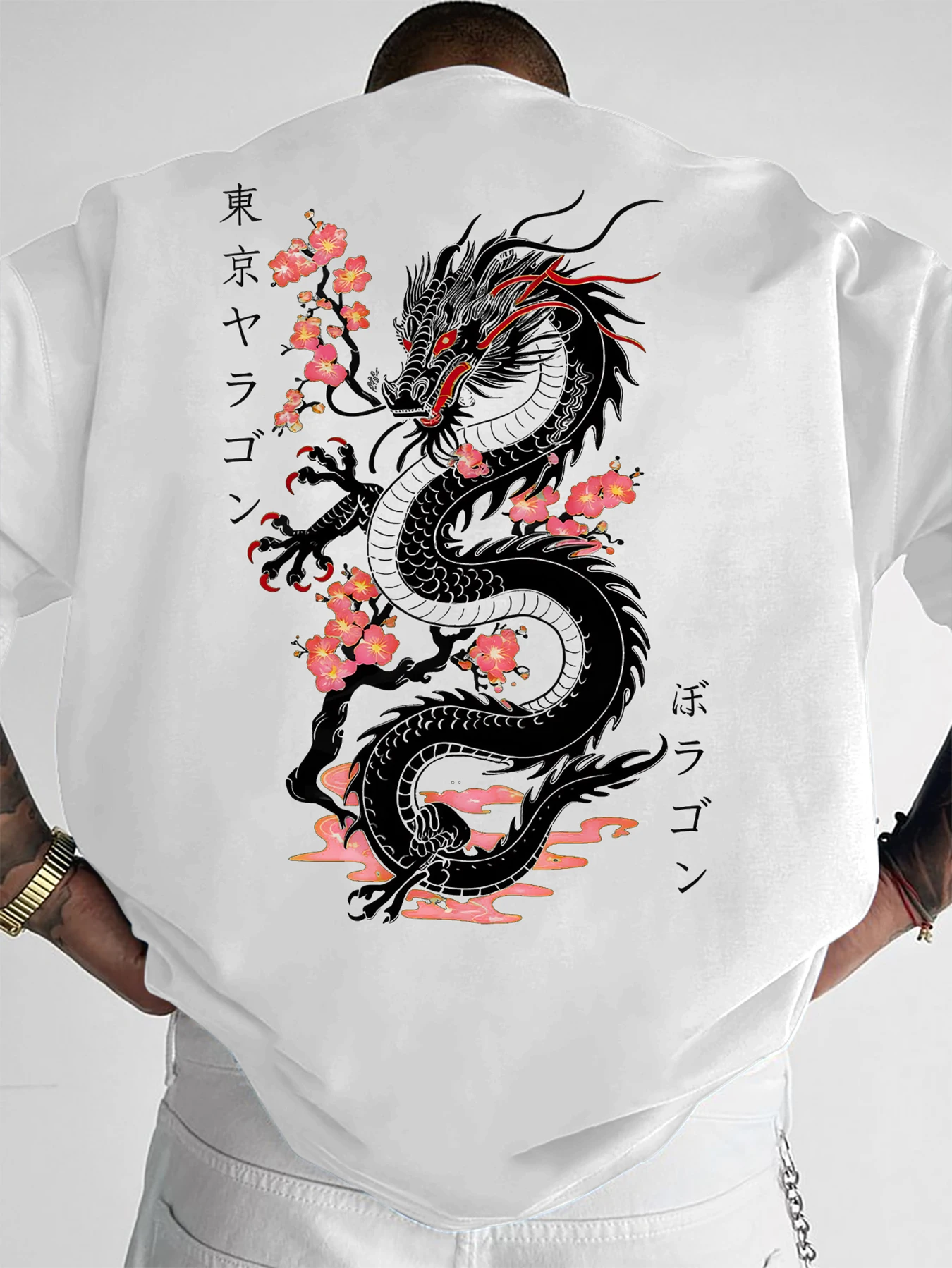 Men's Streetwear T-Shirt, Japanese Dragon Cherry Blossom Kanji Back Print, Polyester, Daily Streetwear, S-XXL