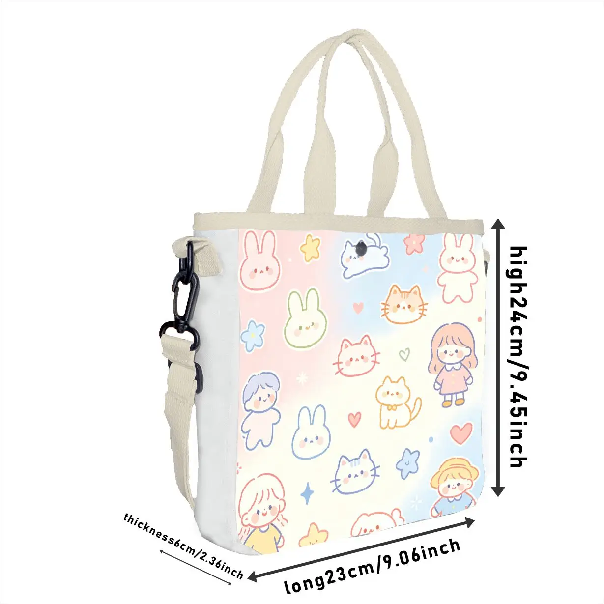 Cute Kawaii Bunny Cat Print Tote Bag, Adjustable Strap Pastel Gradient Shoulder Bag