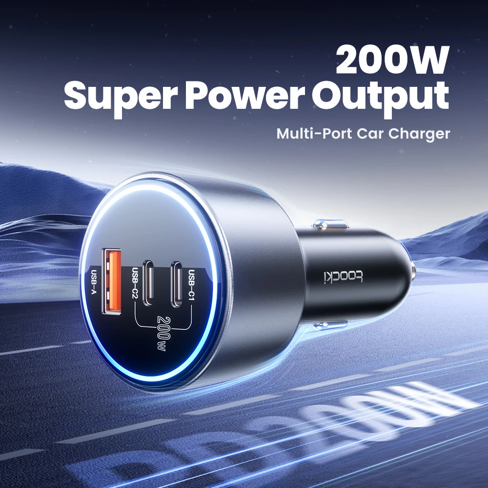 Toocki 200W USB C Car Charger For QC4.0 PD3.0 Super Charging LED Multi-Port Type C Car Phone Charger For Samsung S23 iPhone 15