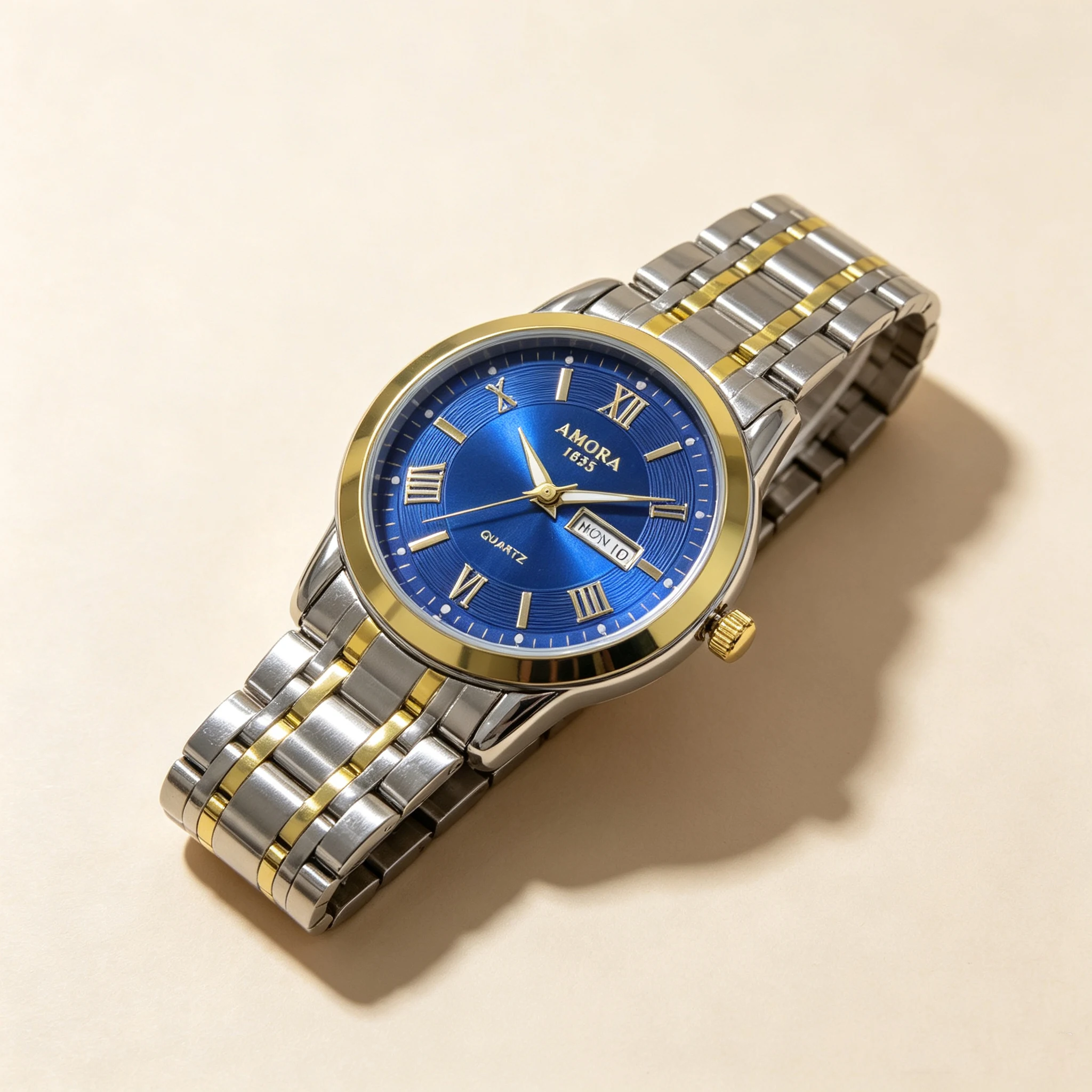 Round stainless steel bracelet dual-calendar fashionable luminous trendy waterproof quartz men's versatile chronograph wristwatc