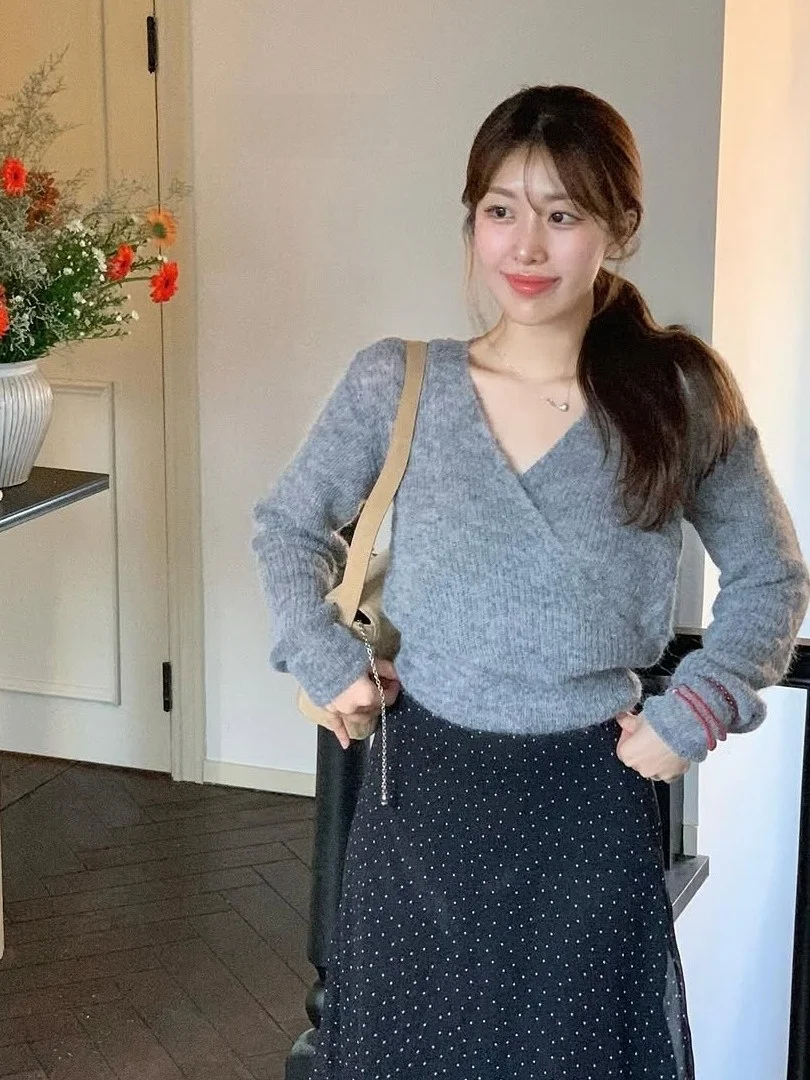 Suéter feminino de malha macia V-Ne Slim Fit Pure Desire Sle Faionable Francês Sle Malhas Casual Confortável Top