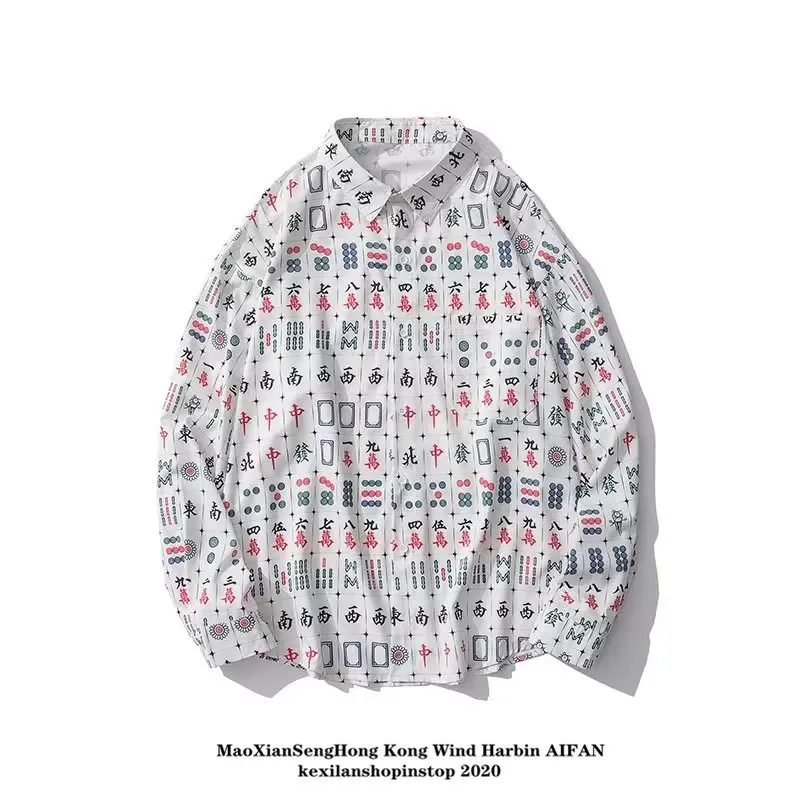 

Retro Hong Kong Sle Long Sve Printed irt Men's Faionable Versatile Trendy Brand Couple's irt Casual Loose Fit