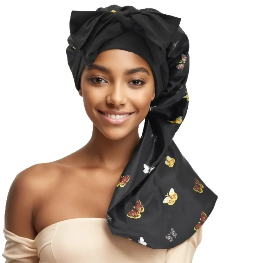 Satin Material Silk Hair Bonnet Bowknot Design Leopard Print Night Sleep Cap Anti-UV Wide Elastic Band Hair Protector Bonnet