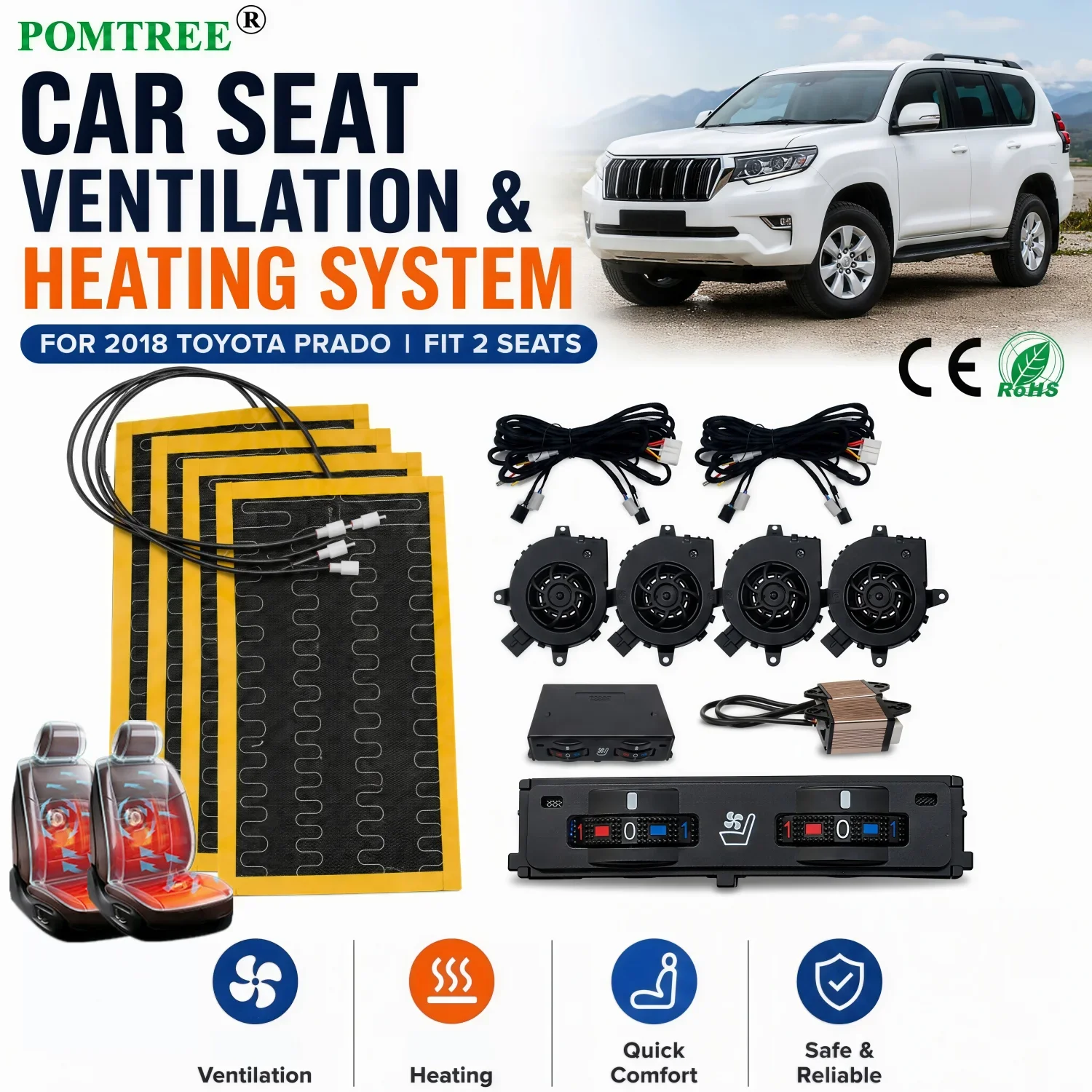 Built-in Car Seat Ventilation Cooling and Heating System Kit Compatible With 2018 Toyota Prado Includes Dedicated Switch & Fans