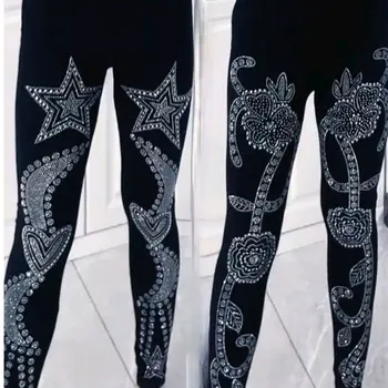 Jesień Wiosna Kobiety Czarne Srebrne Cekiny Legginsy Plus Rozmiar Wysoka Talia Czarne Spodnie Skinny Spodnie