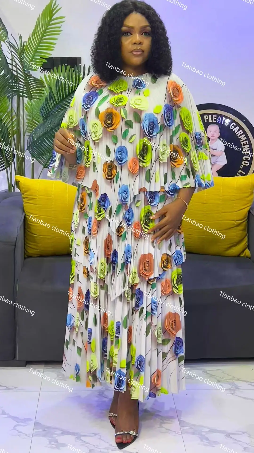 مياكي الطيات بالجملة الطباعة فستان غير منتظم قطعتين مجموعة الربط فستان طويل فضفاض مجموعة الملابس النسائية الخريف جديد