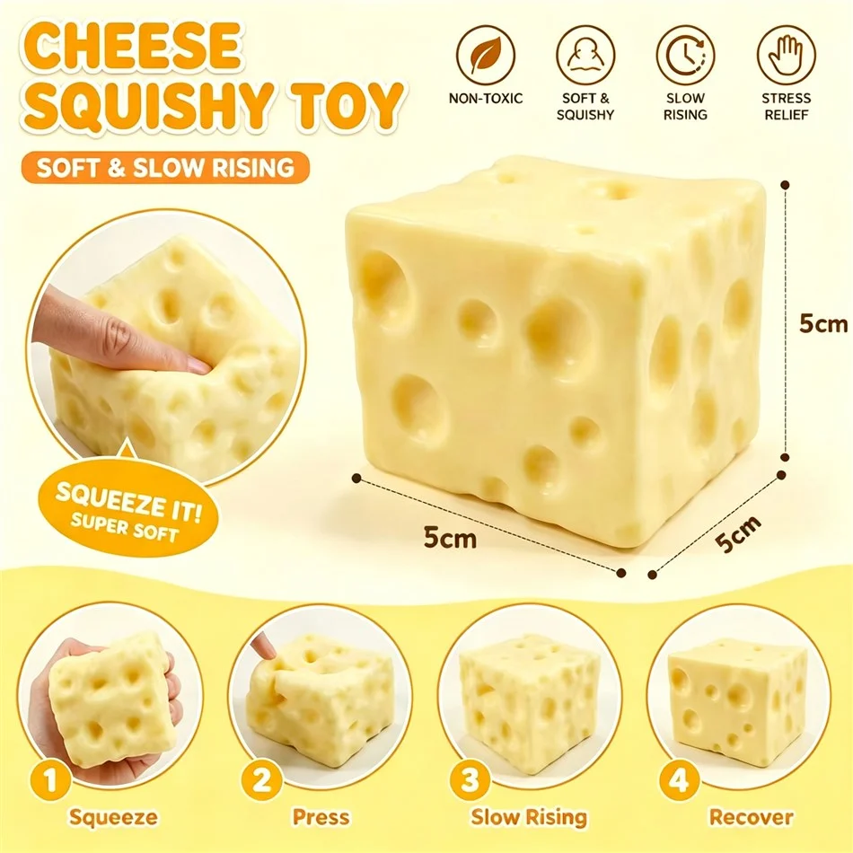 Cute Cheese Shape Squishy Fidget Toy Flour-Filled Soft Stretchy Stress Relief Sensory Cube Desk Decompression Calming Gift