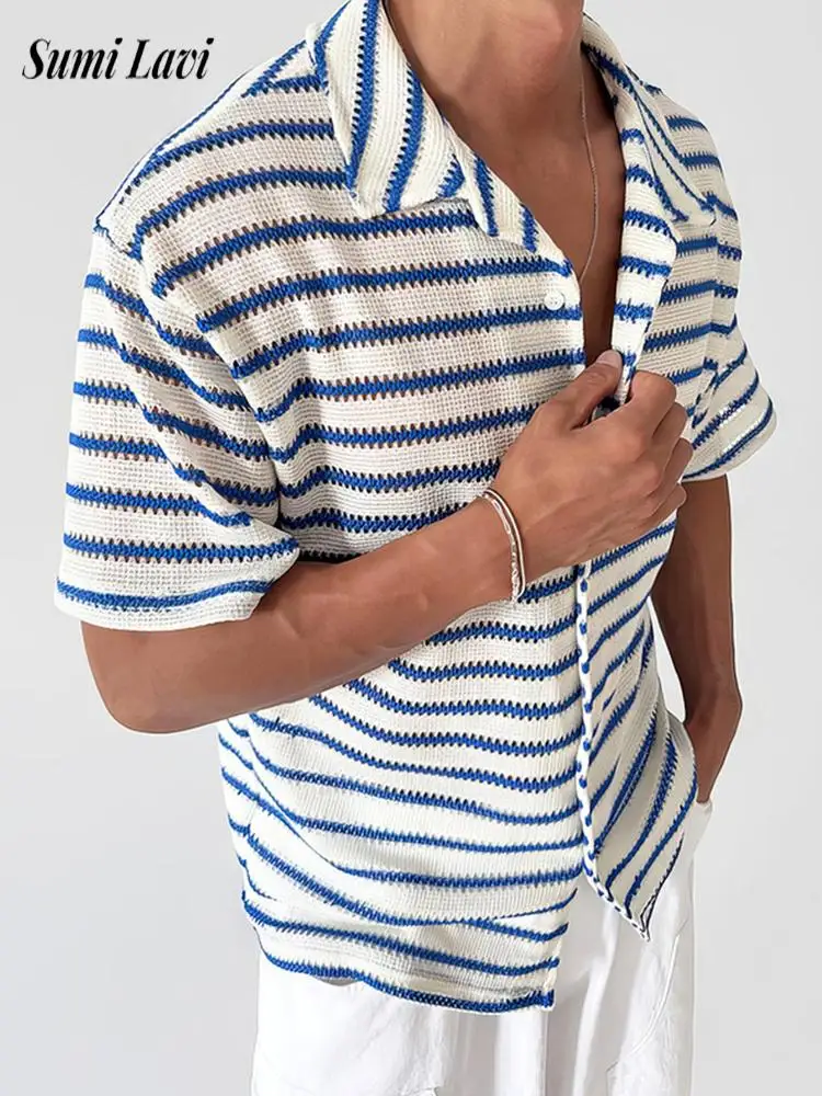 

Summer Trendy Striped Knit Shirts Men Vintage Buttoned Lapel Short Sleeve Shirt Streetwear Mens Fashion Knitting Cardigan Tops