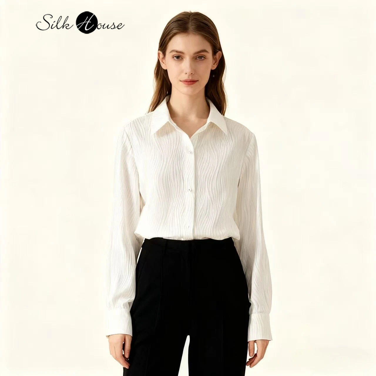 

Women's Fashion Spring/Autumn Clothing 100%Natural Mulberry Silk GuanLe Satin Turn-down Collar Long Sleeve Versatile White Shirt