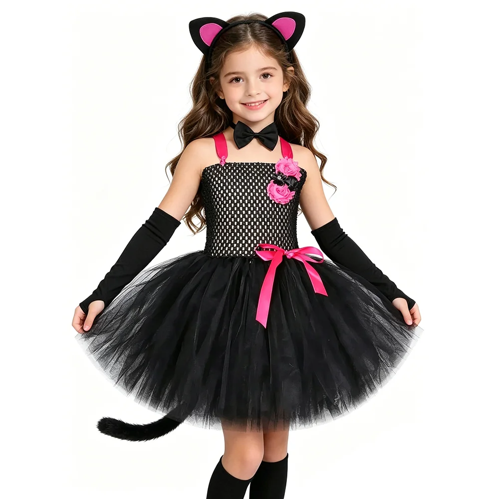 Baby Girls Hot Pink Black Cat Costume for Kids Animal Kitten Tutu Dress with Ears Bowtie Tail Children Birthday Halloween Outfit