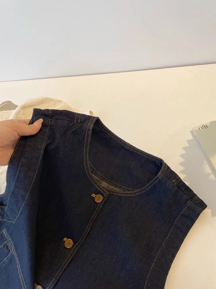 plus Size 300 Pou Retro round Ne Denim Vest Women's Casual Svel Top for Autumn Slimming Layering Commute Sle