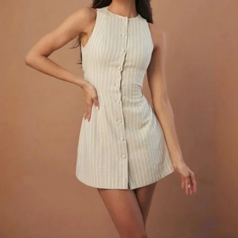 

2025 Women's Summer Dress with Shorts Solid Color Button Strap Waist Collection Style Fashion Short Skirt Jumpsuit