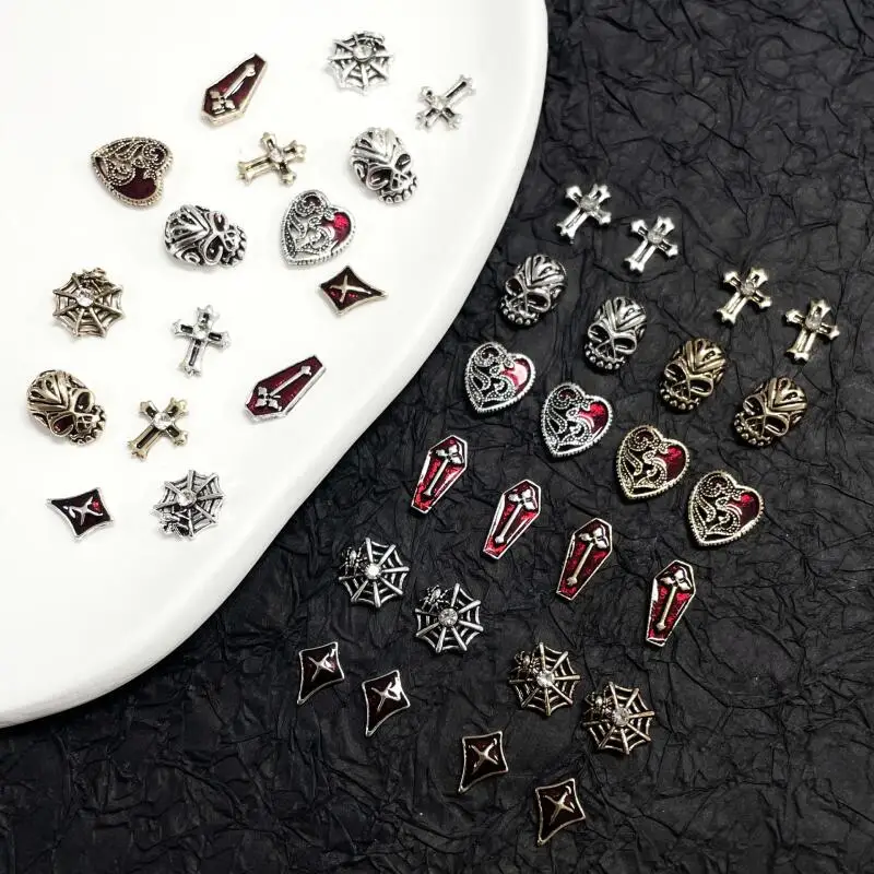10pcs Vintage Silver Gold Skull Spider Cross Heart Nail Charms Art Decorations DIY Accessories