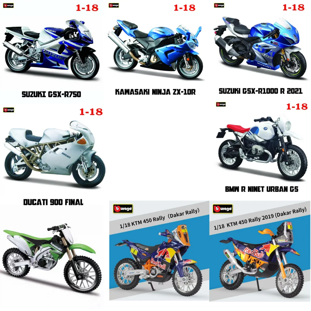 

Bburago 1:18 Ducati 900 Final Suzuki GSX-R1000 R 2021 BMW R nineT Urban GS Kawasaki ZX-10R KTM 450 Rally 2019 Motorcycle Model